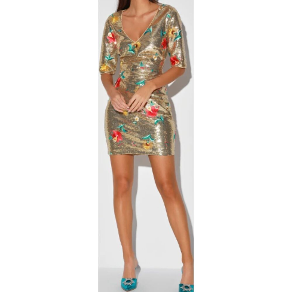 Gold Floral Embroidered Sequin Bodycon Dress